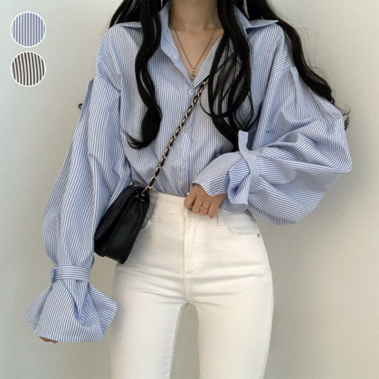 여성 루즈핏 스트라이프 출근룩 셔링 여성스런 롤업 벌룬소매 셔츠