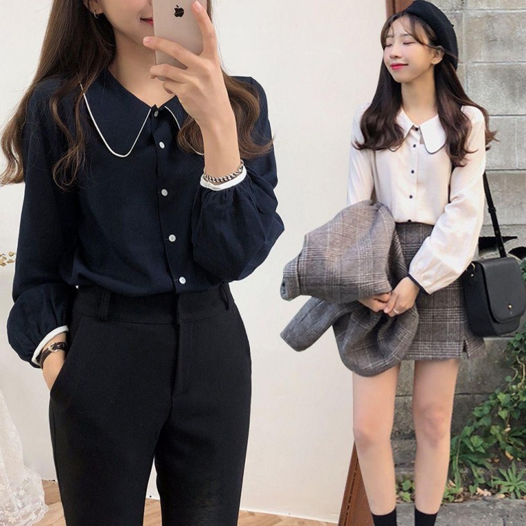여성 카라 소매 라인 포인트 스러운 블라우스 셔츠 긴팔 여자 셔링 리본 배색 브이넥