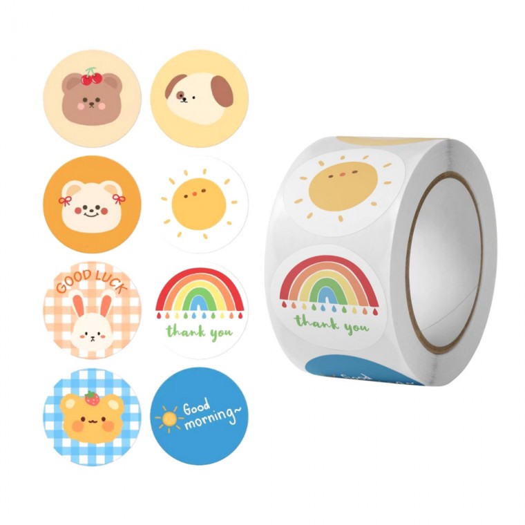S632 8종 동물 무지개 해 원형 스티커 대용량 500pcs