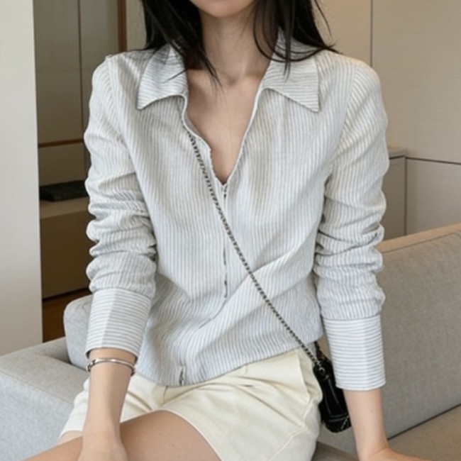 스트라이프 컴팩트 여성 오픈카라 집업 셔츠 DHH-L59