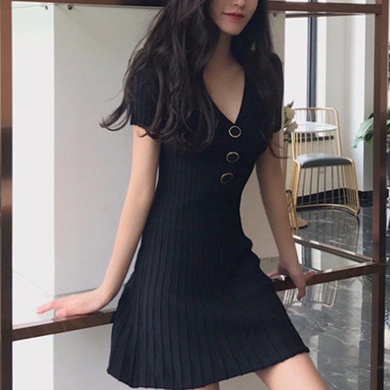 골지 스판 원피스 반팔 숏 A라인 V넥 슬림핏 데이트룩