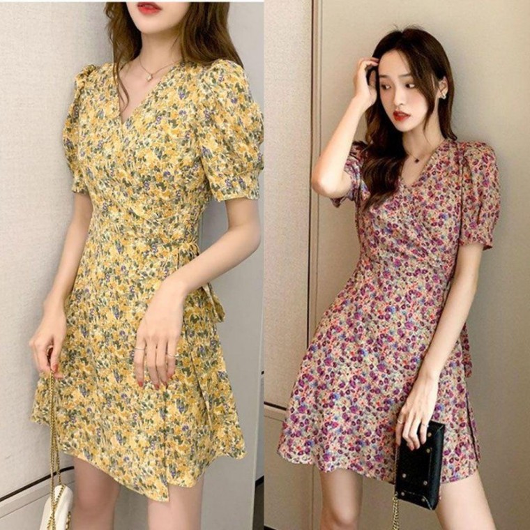 플라워 랩스타일 원피스 가운 반팔 비치 로브 바캉스룩 스커트 휴양지 짧은 허리끈 여행