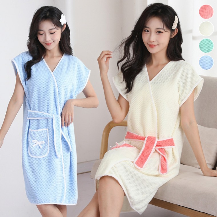 샤워가운 민소매 극세사 웨어러블 리본 여성 와플무늬