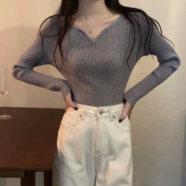 여성 기모 골지 브이넥 무지 긴팔 티셔츠 LK-T030