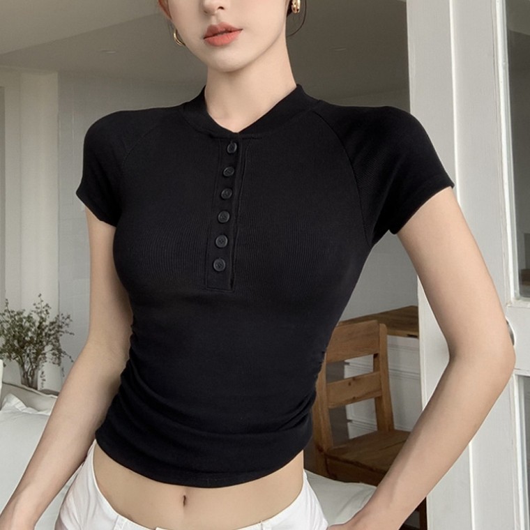 티셔츠 여성 크롭 반팔티 스판 여름상의 골지 캡소매 셔링