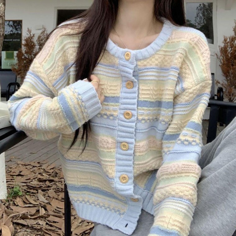 라운드넥 스트라이프 배색 파스텔 가디건 도톰한 가을