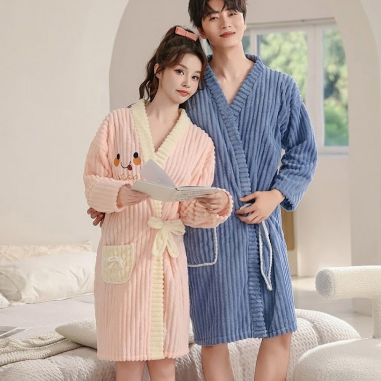 남성 여성 귀여운 스타일 골지 극세사 포켓 커플 집들이 선물 샤워 가운