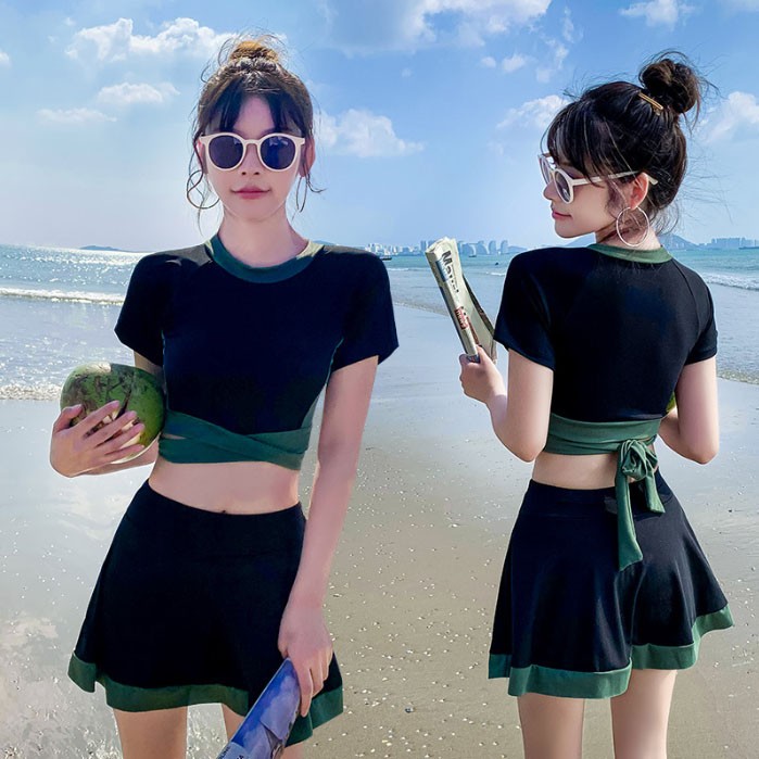 은창]배색 크로스 라인 매듭 2피스 비키니 수영복 원피스 몸매보정 치마 세트 비키니 바지 여름 휴가 물놀