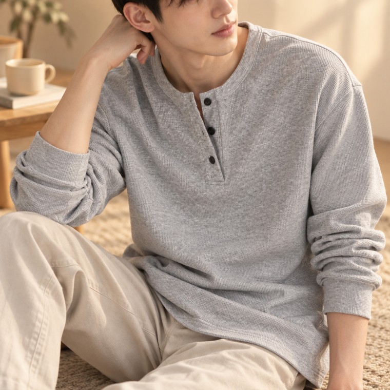 긴팔티 롱슬리브 세미오버핏 데일리 와플티셔츠 3컬러 헨리넥