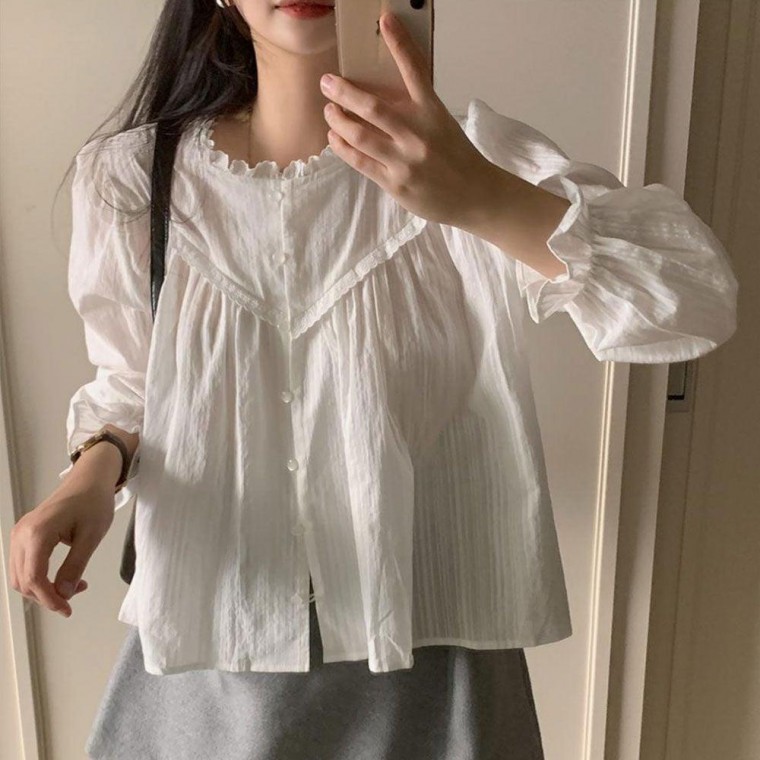 라운드 펀칭 레이스 블라 블라우스 여성 셔츠블라우스 쉬폰 가을 하객 긴팔 여름
