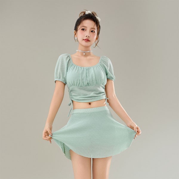 은창]넥라인 셔링 퍼프 사이드 스트링 2피스 비키니 수영복 원피스 몸매보정 치마 세트 비키니 바지 여름